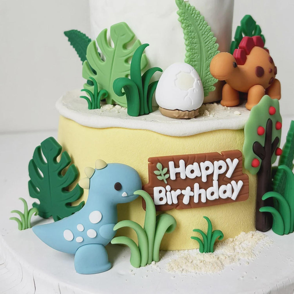 24-Piece Dinosaur Cake Topper, Safari Jungle Birthday Decor, T-Rex Volcano Leaves Kit