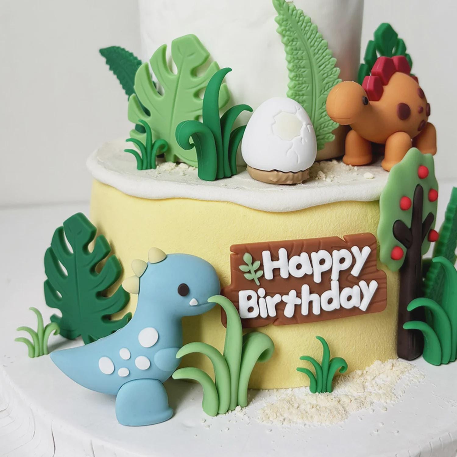 24-Piece Dinosaur Cake Topper, Safari Jungle Birthday Decor, T-Rex Volcano Leaves Kit