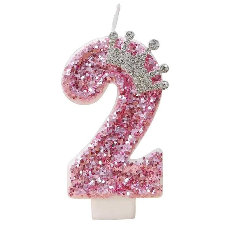 Pink Princess Birthday Candle With Silver Crown Tiara | Glitter Number Cake Topper for Girls