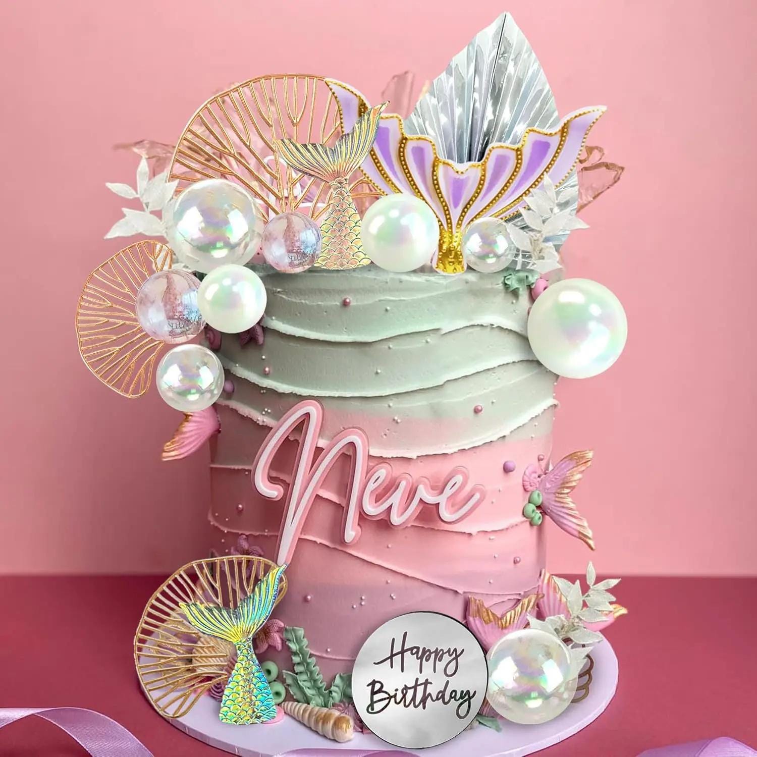 26- Piece Mermaid Cake Topper Set, Under the Sea Party Decorations, Ocean Theme Tail & Gold Leaves