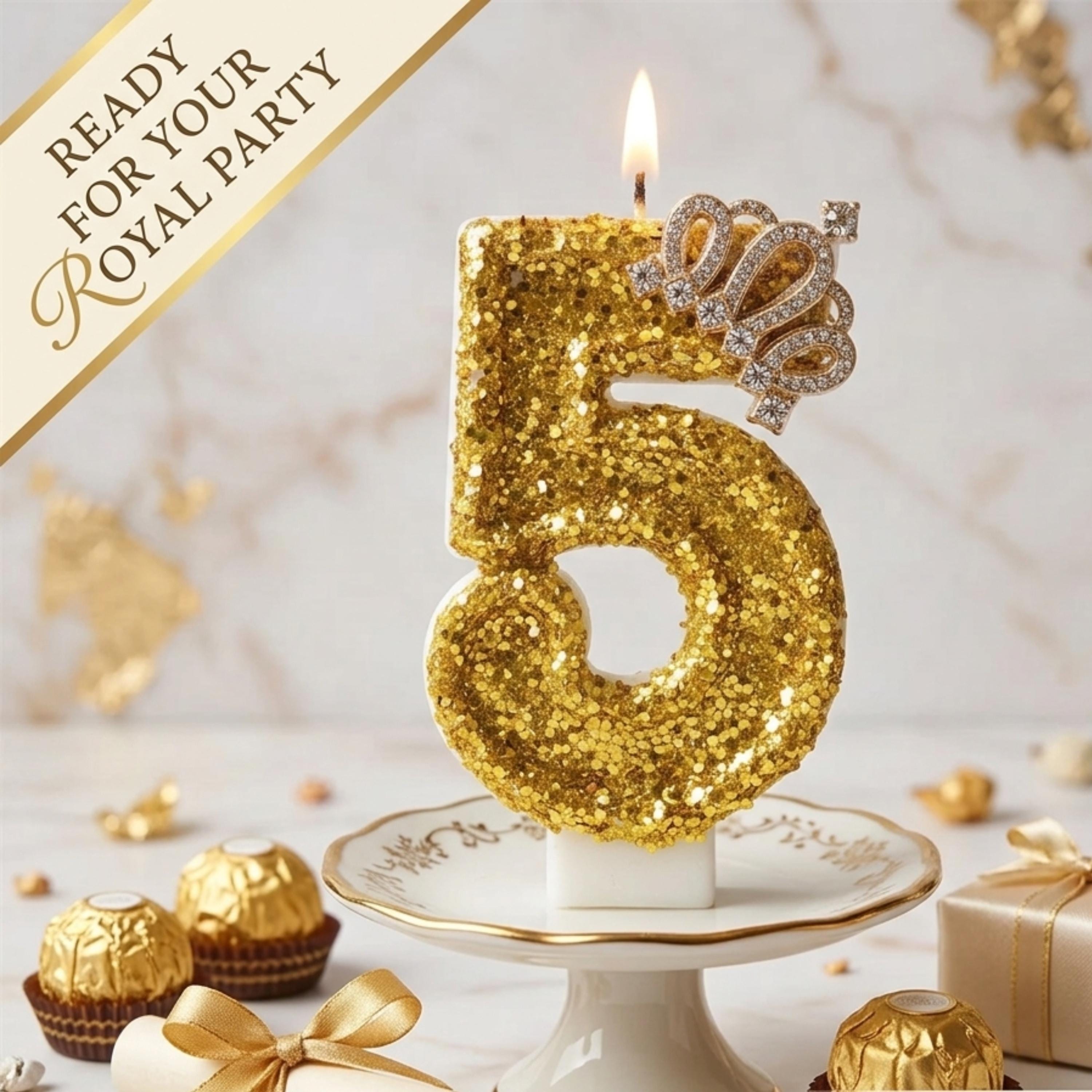 Gold Glitter Number Candle | Royal Crown Cake Topper for 50th Birthday