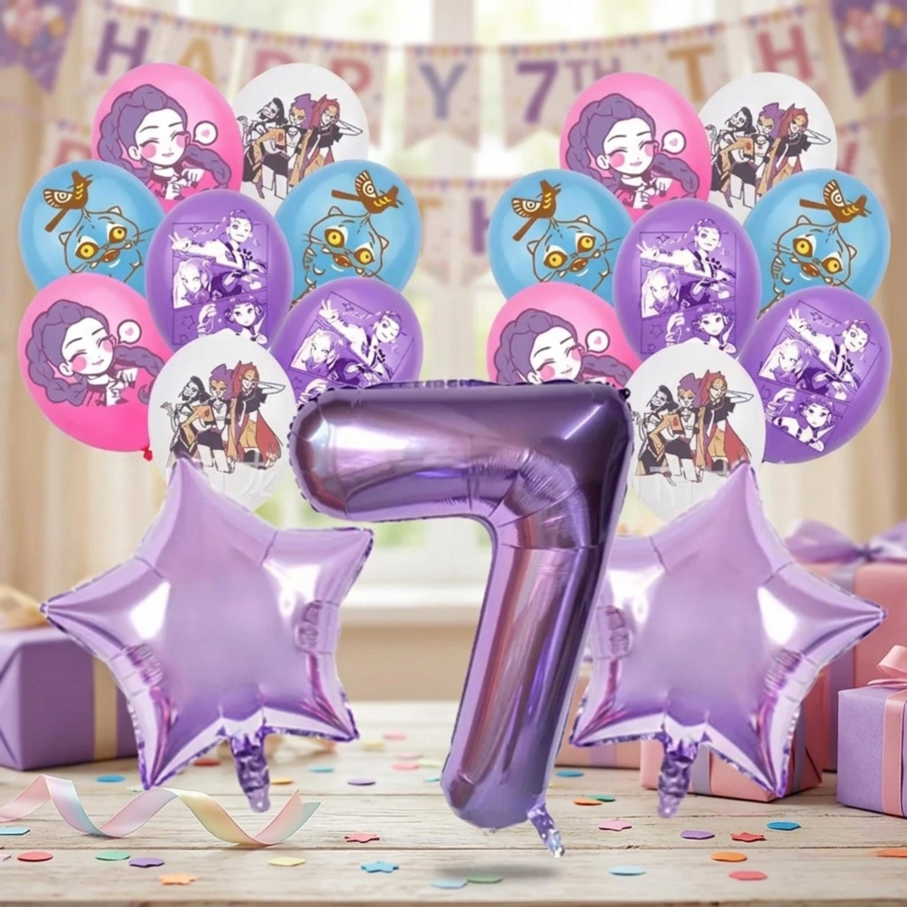 19-Piece K-Pop Anime Birthday Balloon Set 19pc | Purple Number & Star Balloons