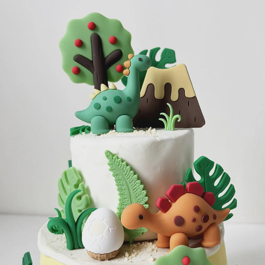 24-Piece Dinosaur Cake Topper, Safari Jungle Birthday Decor, T-Rex Volcano Leaves Kit