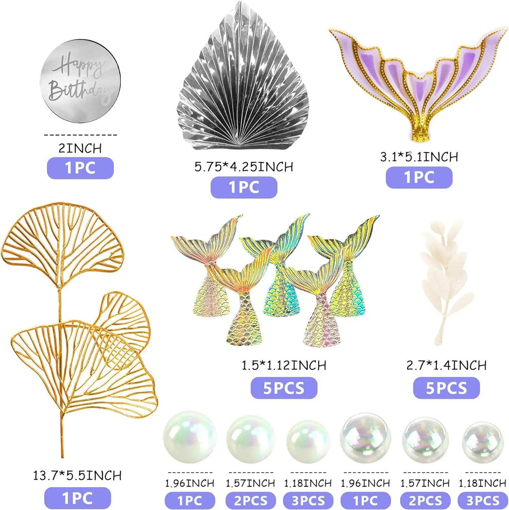 26- Piece Mermaid Cake Topper Set, Under the Sea Party Decorations, Ocean Theme Tail & Gold Leaves