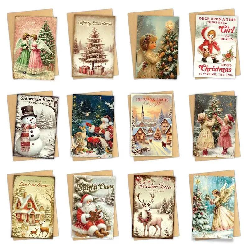 12 Pack Vintage Christmas Cards with Envelope: Retro Holiday Card Set