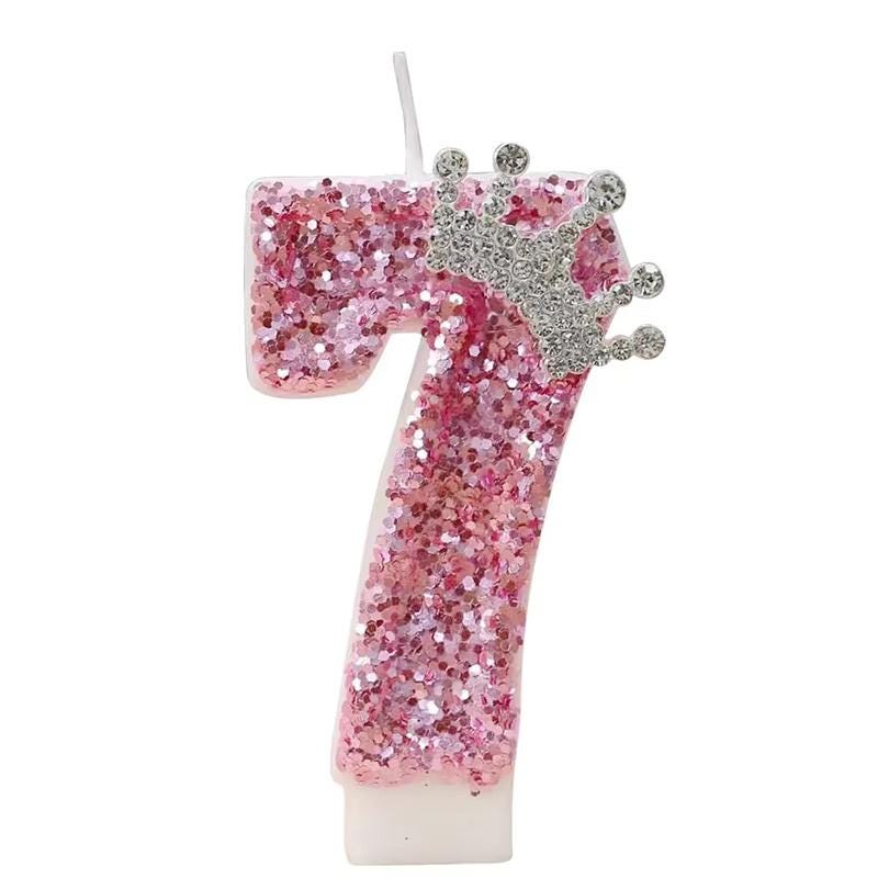 Pink Princess Birthday Candle With Silver Crown Tiara | Glitter Number Cake Topper for Girls