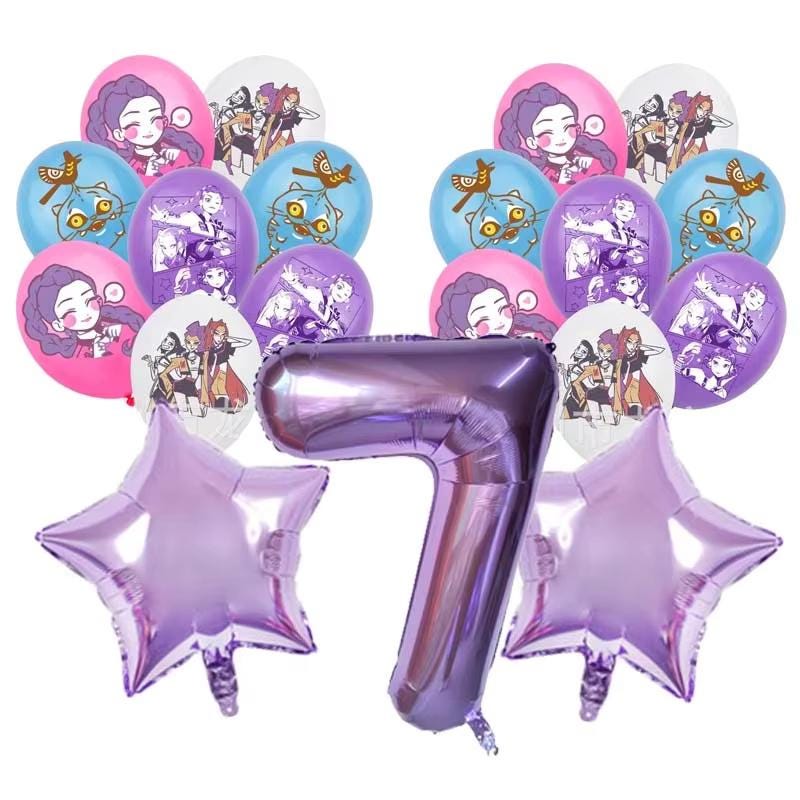 19-Piece K-Pop Anime Birthday Balloon Set 19pc | Purple Number & Star Balloons