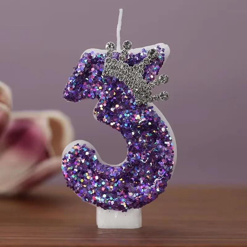 Purple Birthday Candle With Silver Crown Tiara | Glitter Number Cake Topper for Girls