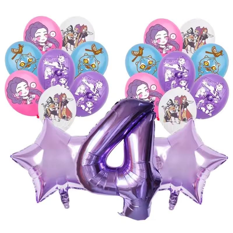 19-Piece K-Pop Anime Birthday Balloon Set 19pc | Purple Number & Star Balloons