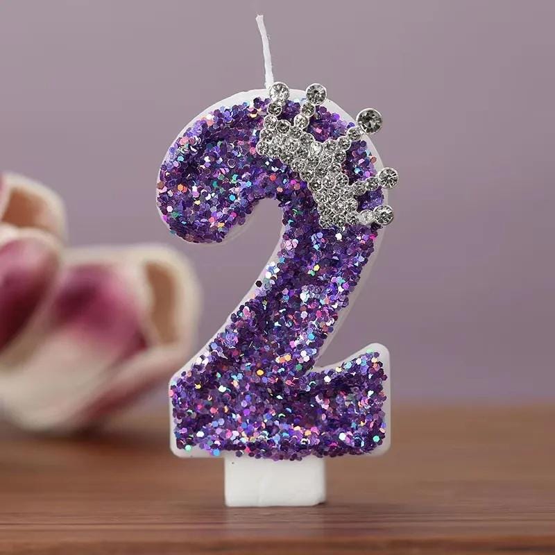 Purple Birthday Candle With Silver Crown Tiara | Glitter Number Cake Topper for Girls