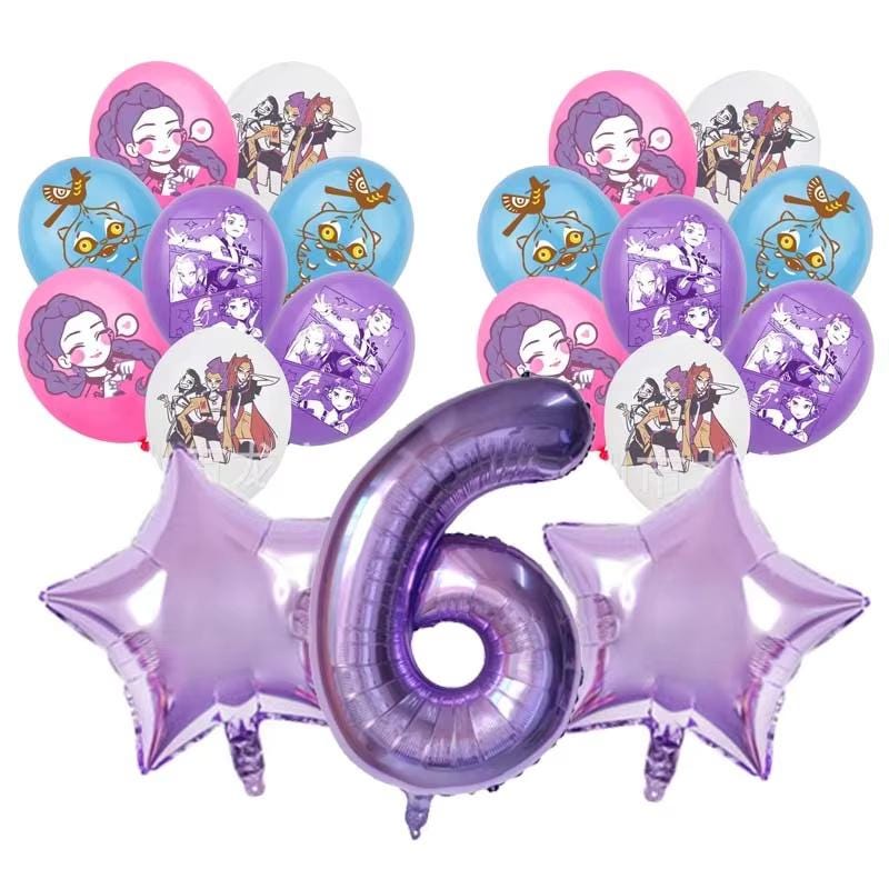 19-Piece K-Pop Anime Birthday Balloon Set 19pc | Purple Number & Star Balloons