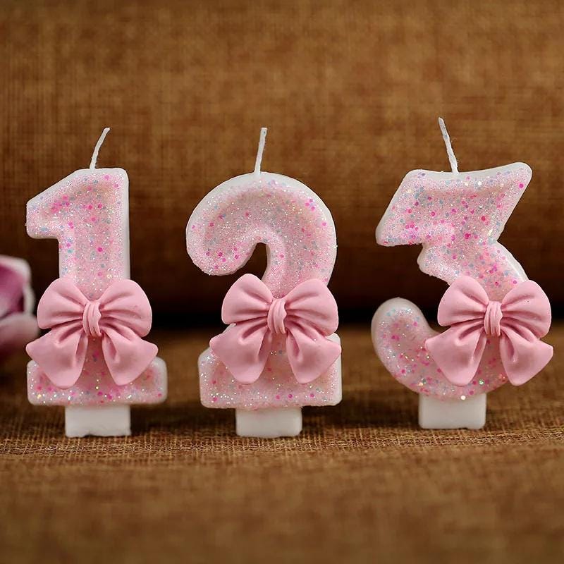 Pink Bow Coquette Number Birthday Candle, Glitter Sparkle Party Decor Cake Topper