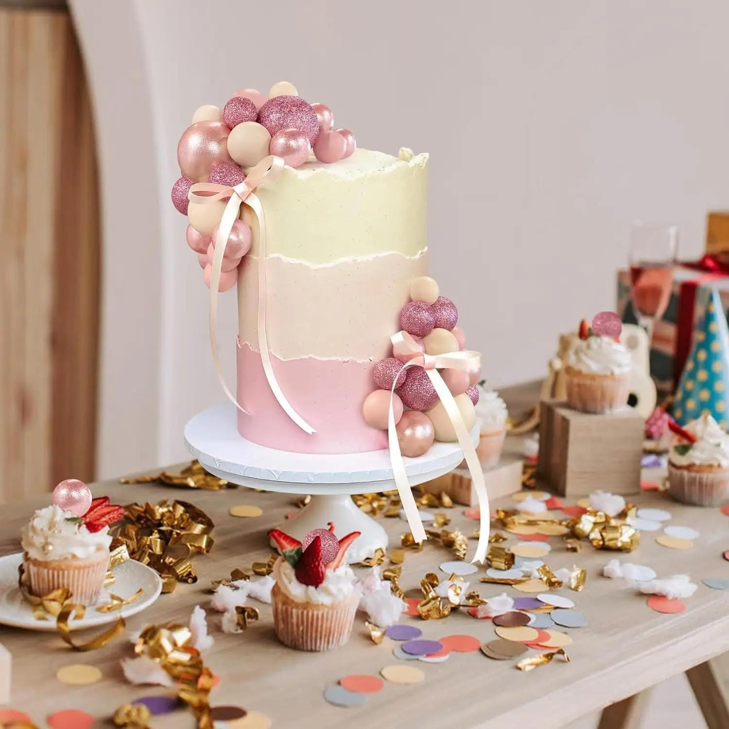 32-piece Glittery Pink Ball Cake Topper Set | First Birthday, Wedding, Bachelorette Party