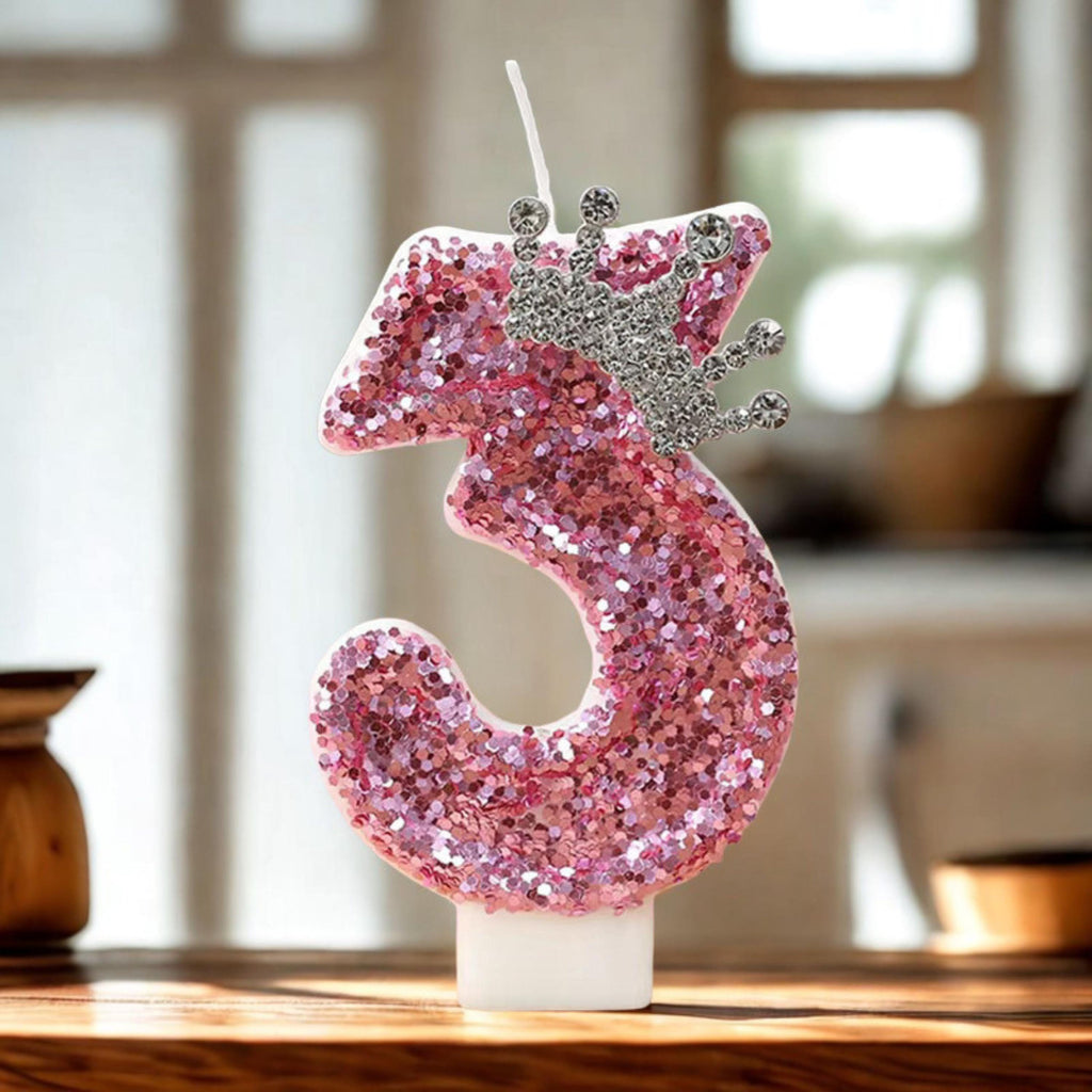 Pink Princess Birthday Candle With Silver Crown Tiara | Glitter Number Cake Topper for Girls