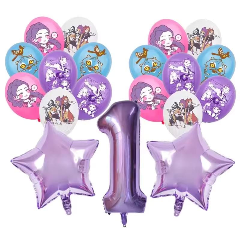 19-Piece K-Pop Anime Birthday Balloon Set 19pc | Purple Number & Star Balloons