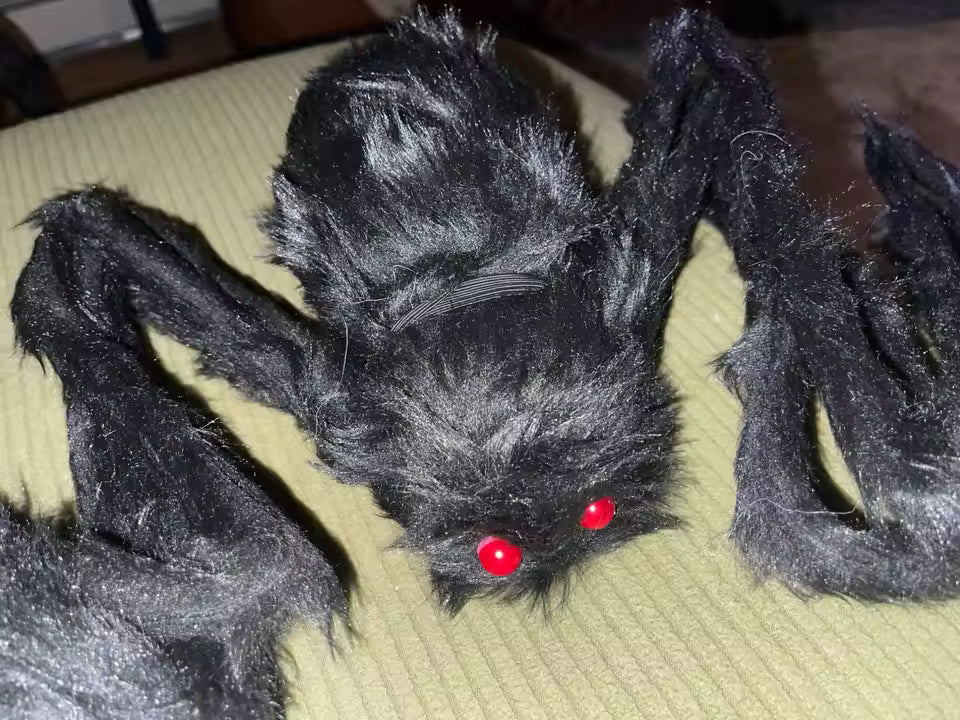 Giant Furry Spider Decoration, Black with Red Eyes, Halloween Prop