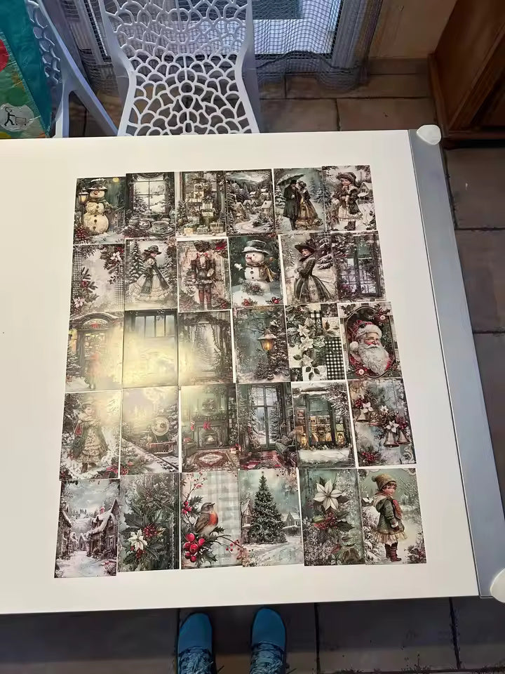 Vintage Sage Green Christmas Postcards, Retro Winter Wonderland Scenes, Bulk Pack 30 Designs
