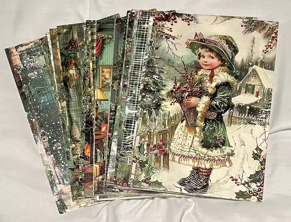 Vintage Sage Green Christmas Postcards, Retro Winter Wonderland Scenes, Bulk Pack 30 Designs