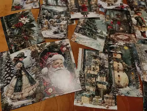 Vintage Sage Green Christmas Postcards, Retro Winter Wonderland Scenes, Bulk Pack 30 Designs