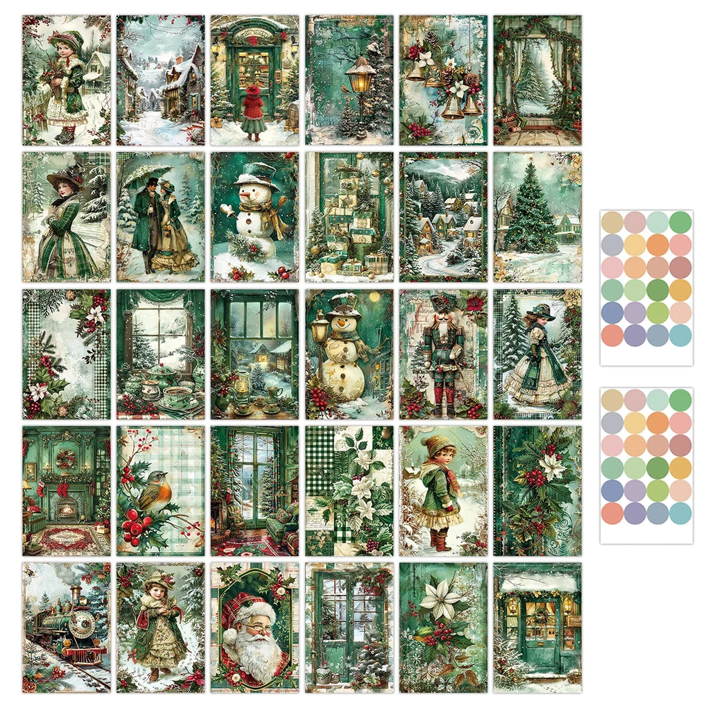 Vintage Sage Green Christmas Postcards, Retro Winter Wonderland Scenes, Bulk Pack 30 Designs