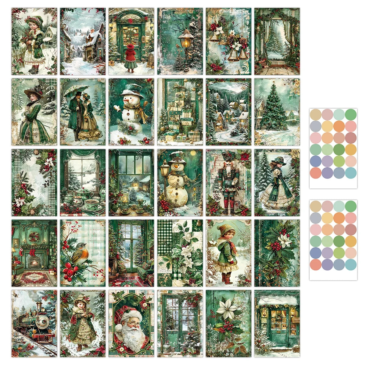 Vintage Sage Green Christmas Postcards, Retro Winter Wonderland Scenes, Bulk Pack 30 Designs