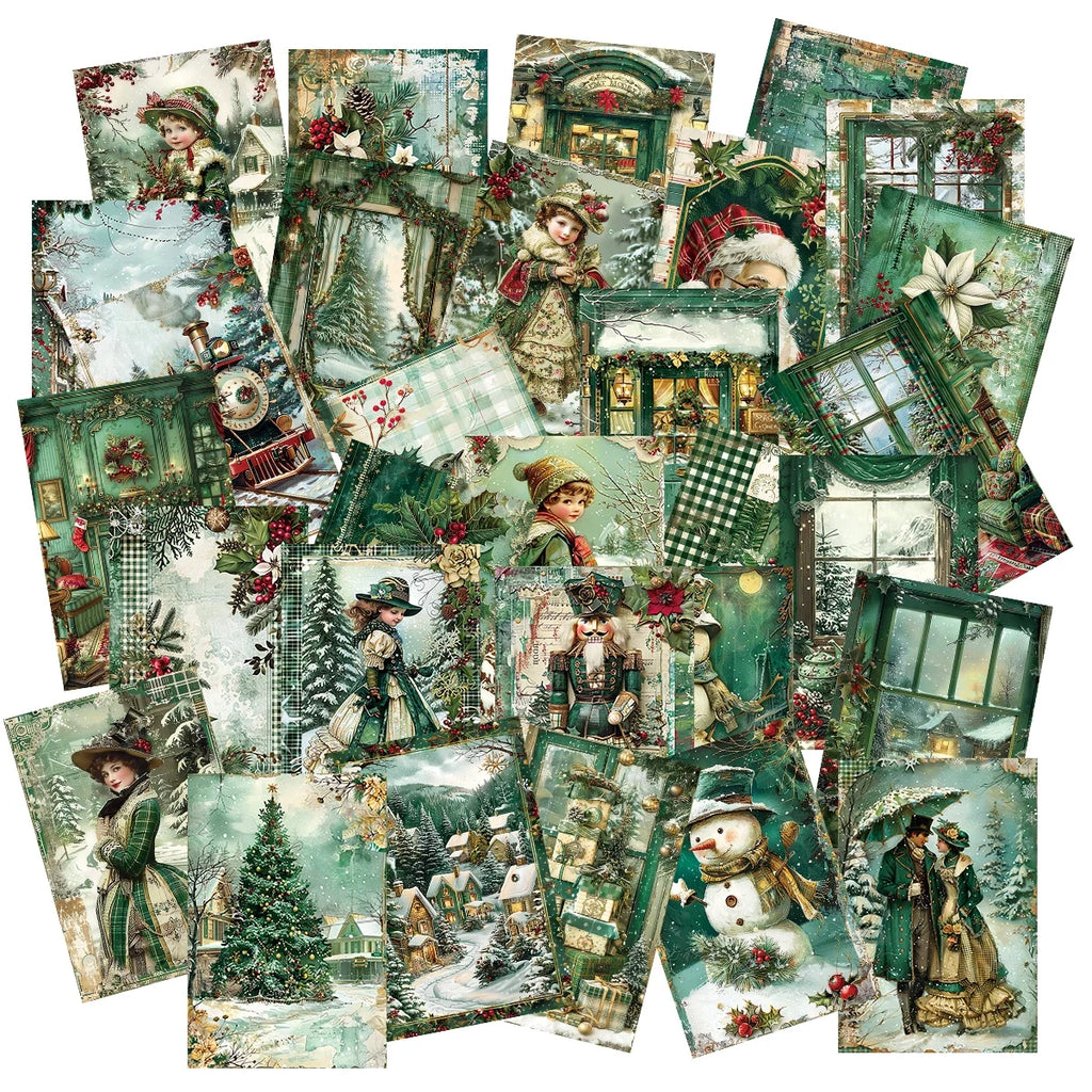 Vintage Sage Green Christmas Postcards, Retro Winter Wonderland Scenes, Bulk Pack 30 Designs