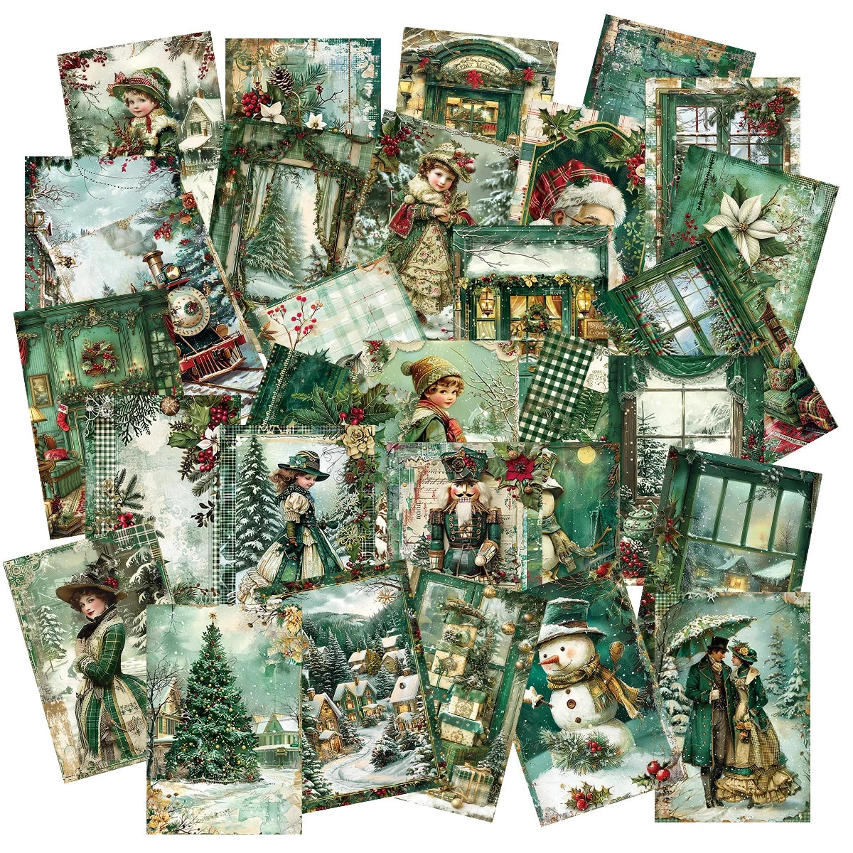 Vintage Sage Green Christmas Postcards, Retro Winter Wonderland Scenes, Bulk Pack 30 Designs