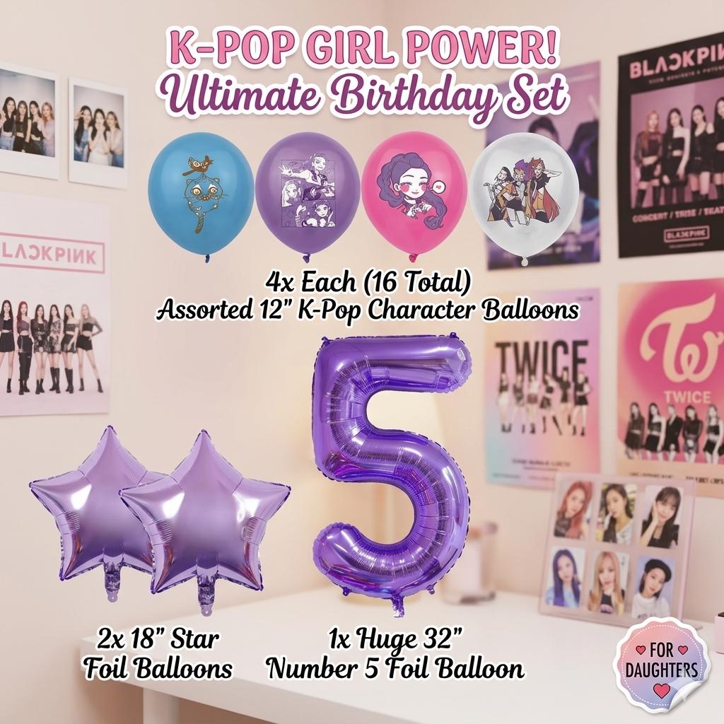 19-Piece K-Pop Anime Birthday Balloon Set 19pc | Purple Number & Star Balloons
