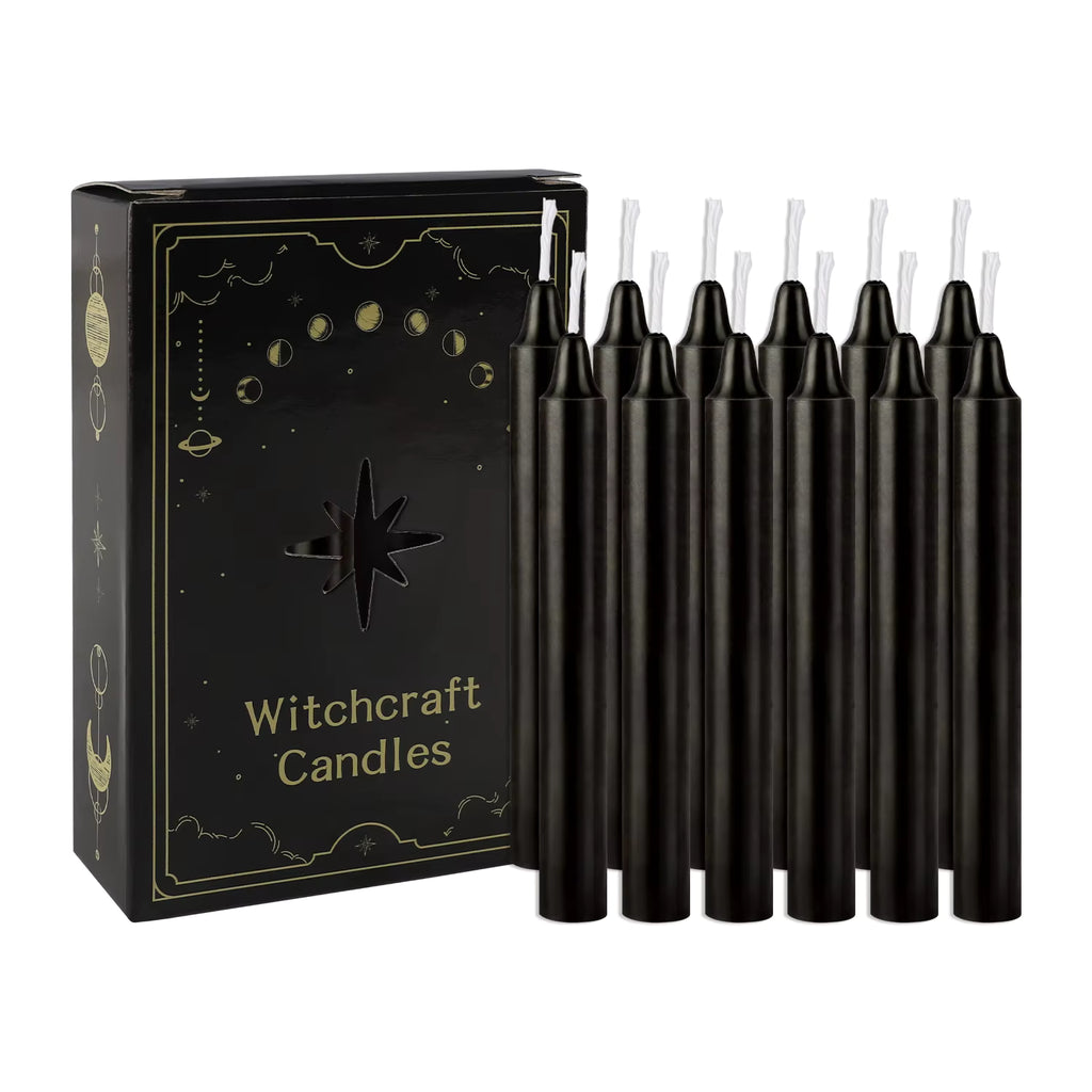 12pc Black Chime Taper Candles, Gothic Halloween Party Decor, Wiccan Altar Supplies