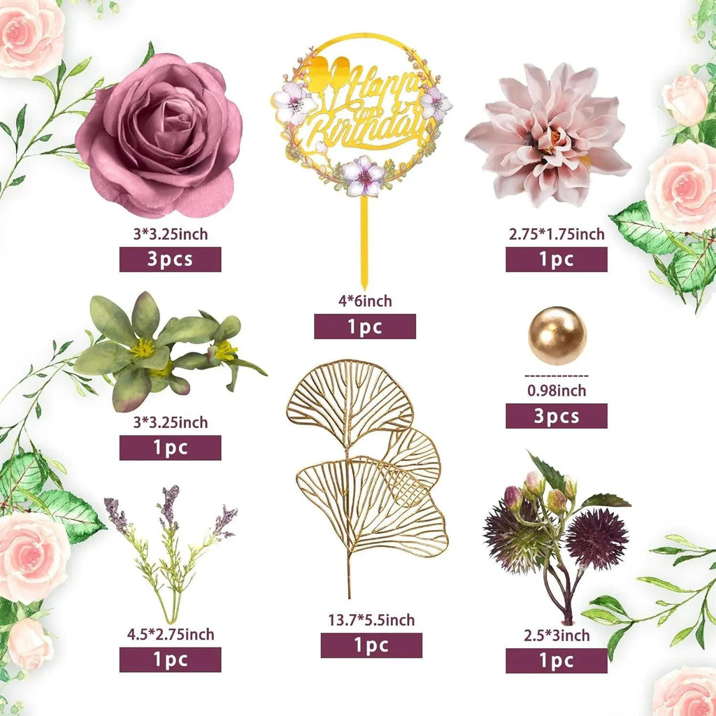 12-Piece Mauve Rose Flower Cake Topper Set, Dusty Pink Floral Birthday Decorations