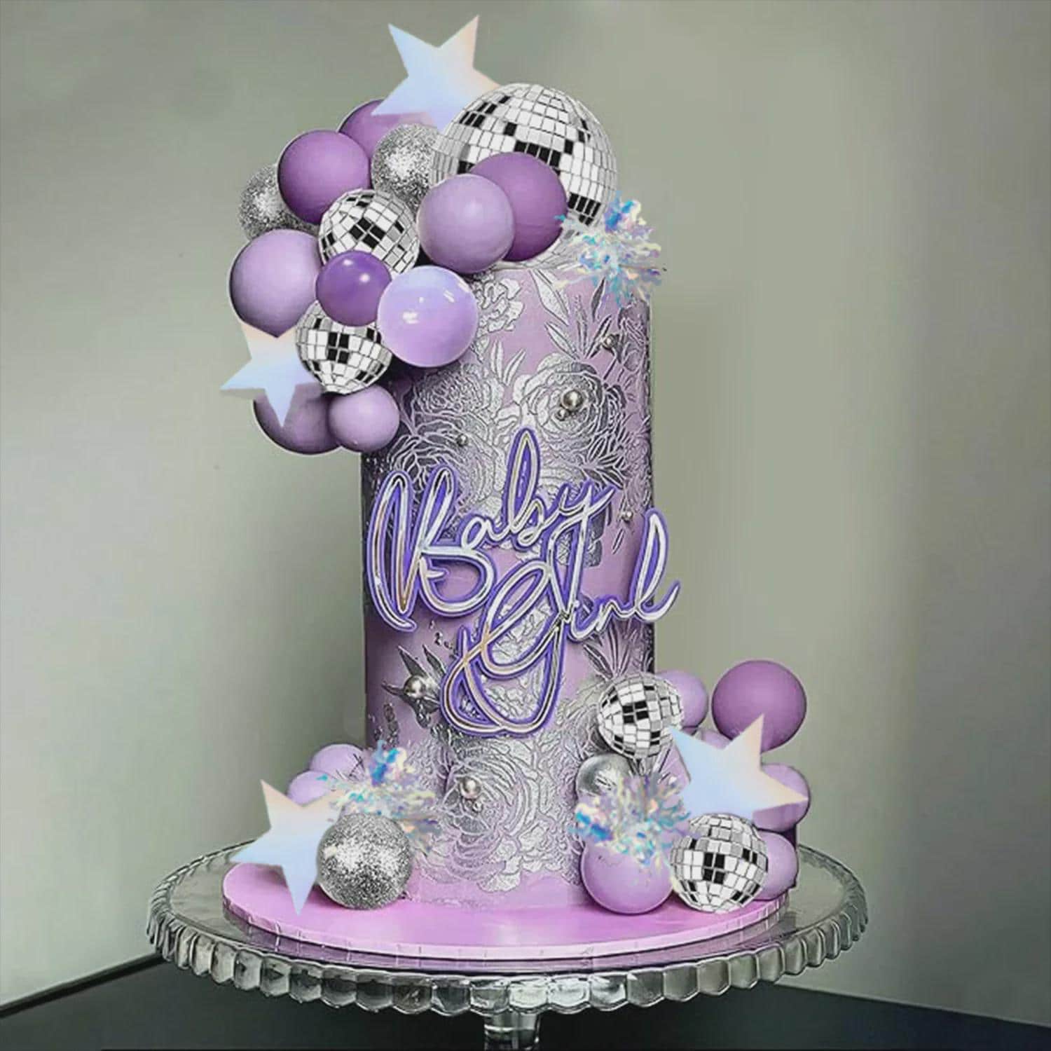 39-Piece Kpop Purple Disco Silver Ball Cake Toppers| Disco Party Decorations