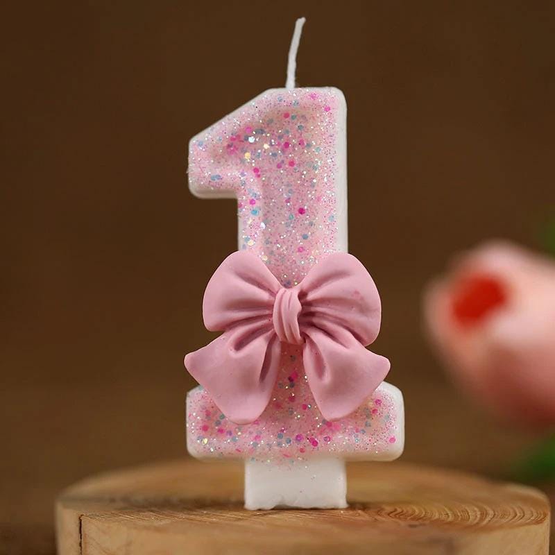 Pink Bow Coquette Number Birthday Candle, Glitter Sparkle Party Decor Cake Topper