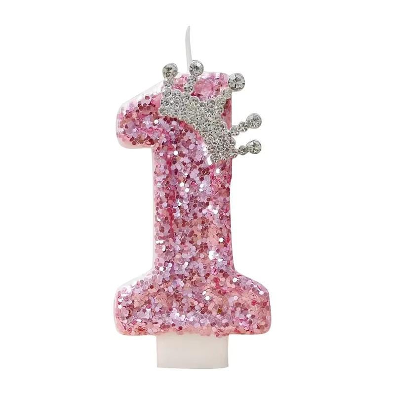 Pink Princess Birthday Candle With Silver Crown Tiara | Glitter Number Cake Topper for Girls