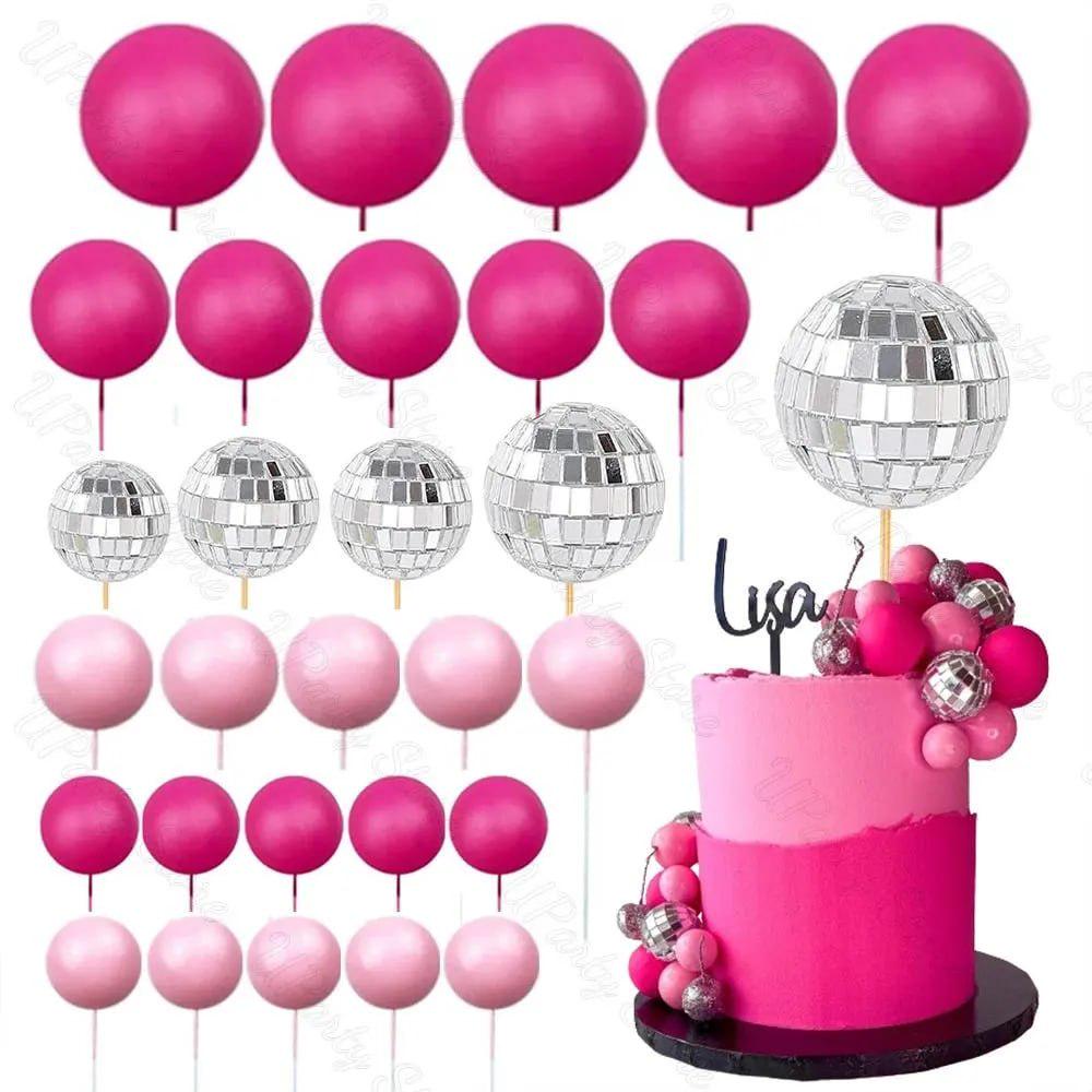 30-piece Hot Pink Disco Ball Cake Toppers, Glam Party Decorations