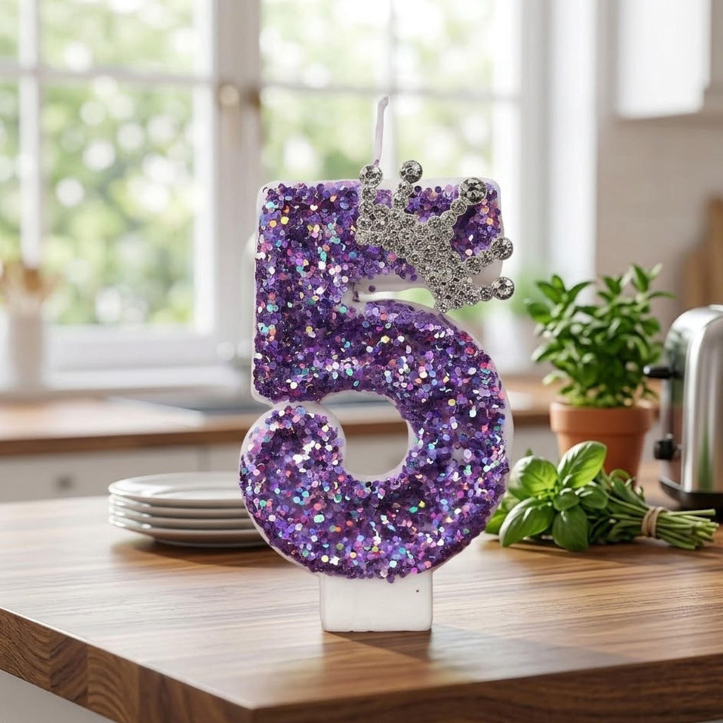 Purple Birthday Candle With Silver Crown Tiara | Glitter Number Cake Topper for Girls