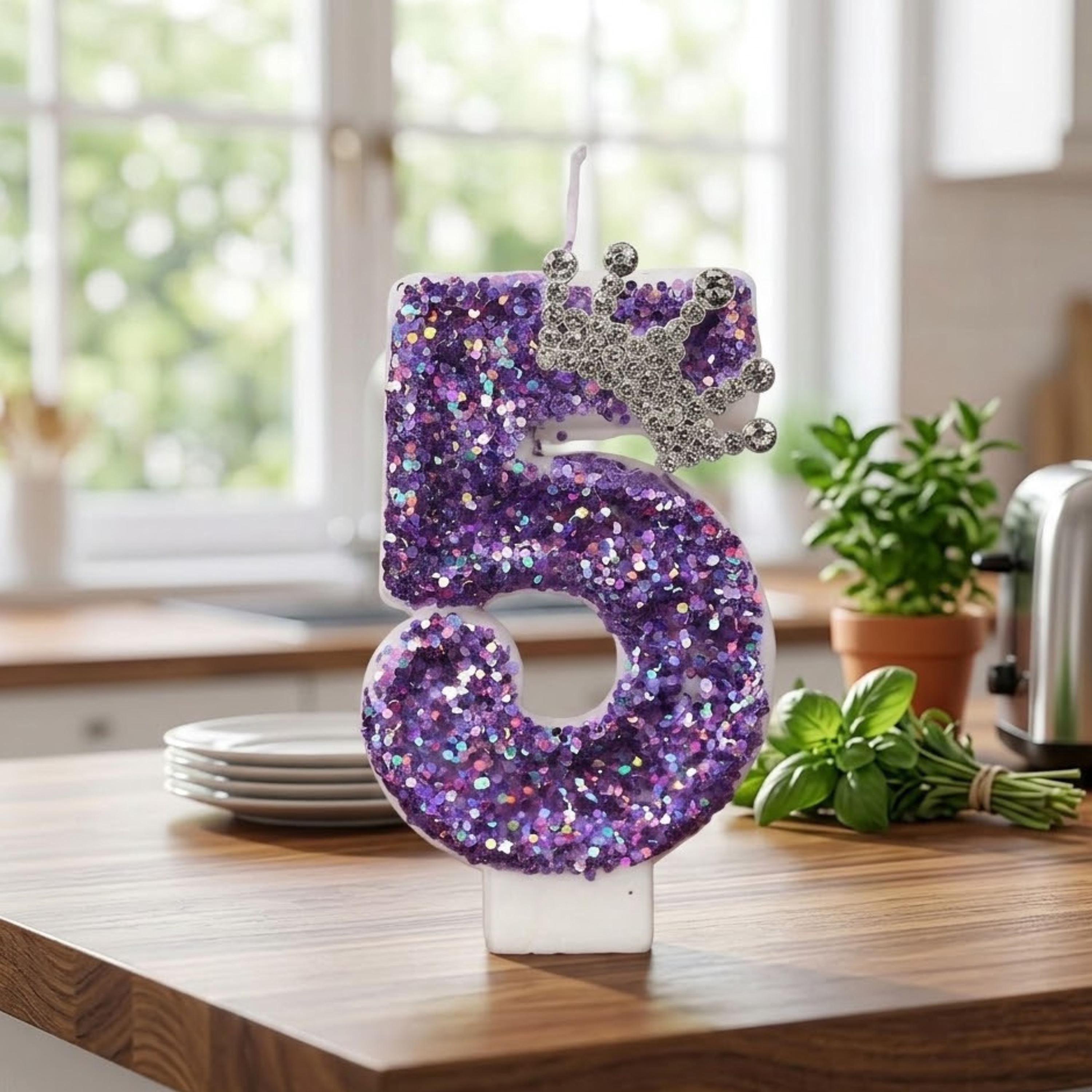 Purple Birthday Candle With Silver Crown Tiara | Glitter Number Cake Topper for Girls