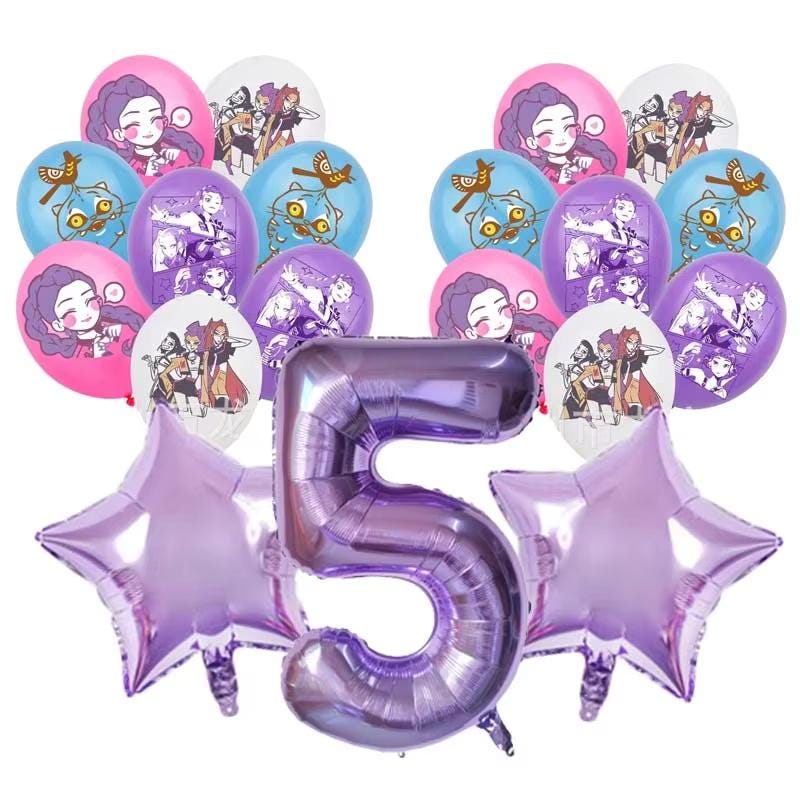 19-Piece K-Pop Anime Birthday Balloon Set 19pc | Purple Number & Star Balloons