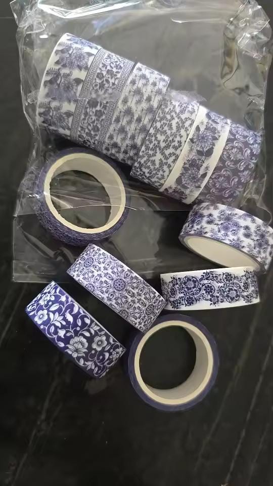 12pc Blue and White Washi Tape Set | Chinoiserie Pattern Decorative Adhesive for Journaling & Scrapbooking