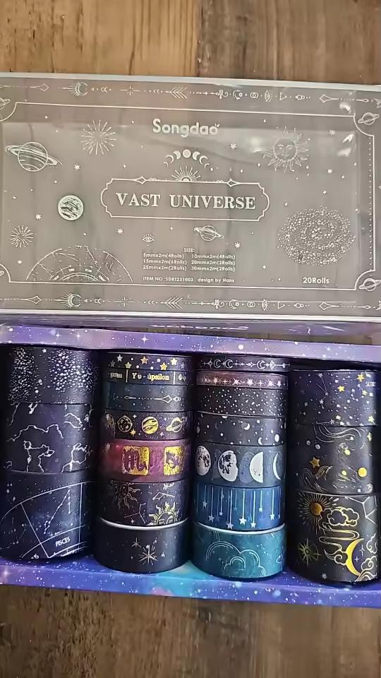20-Rolls Zodiac Universe Washi Tape Set | Gold Foil Moon & Stars for Planners Packaging