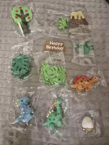 24-Piece Dinosaur Cake Topper, Safari Jungle Birthday Decor, T-Rex Volcano Leaves Kit