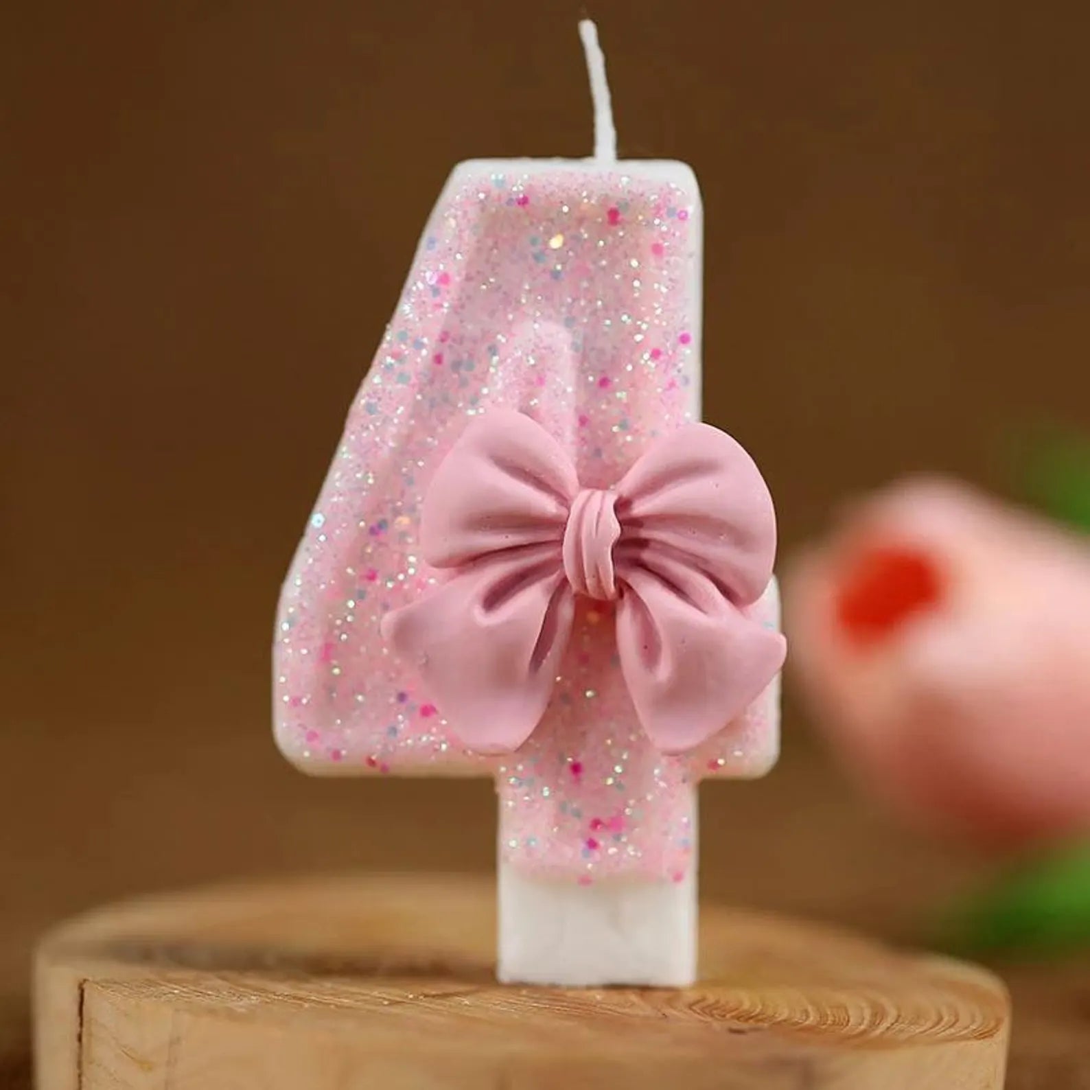 Pink Bow Coquette Number Birthday Candle, Glitter Sparkle Party Decor Cake Topper
