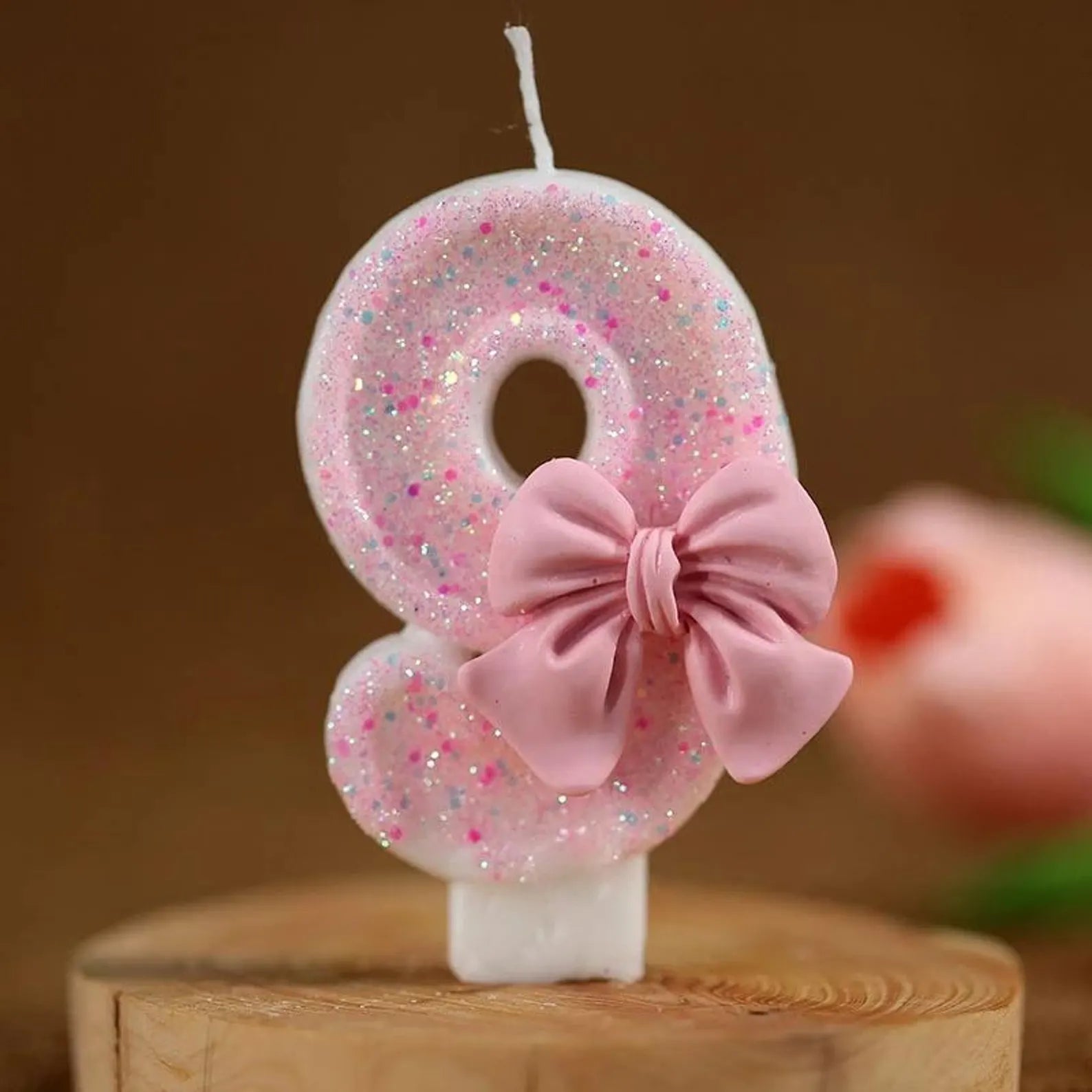 Pink Bow Coquette Number Birthday Candle, Glitter Sparkle Party Decor Cake Topper