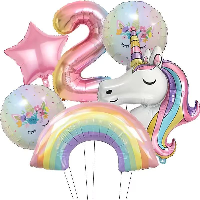6-Piece Rainbow Unicorn Number Balloon Set: Princess Birthday Party Decor
