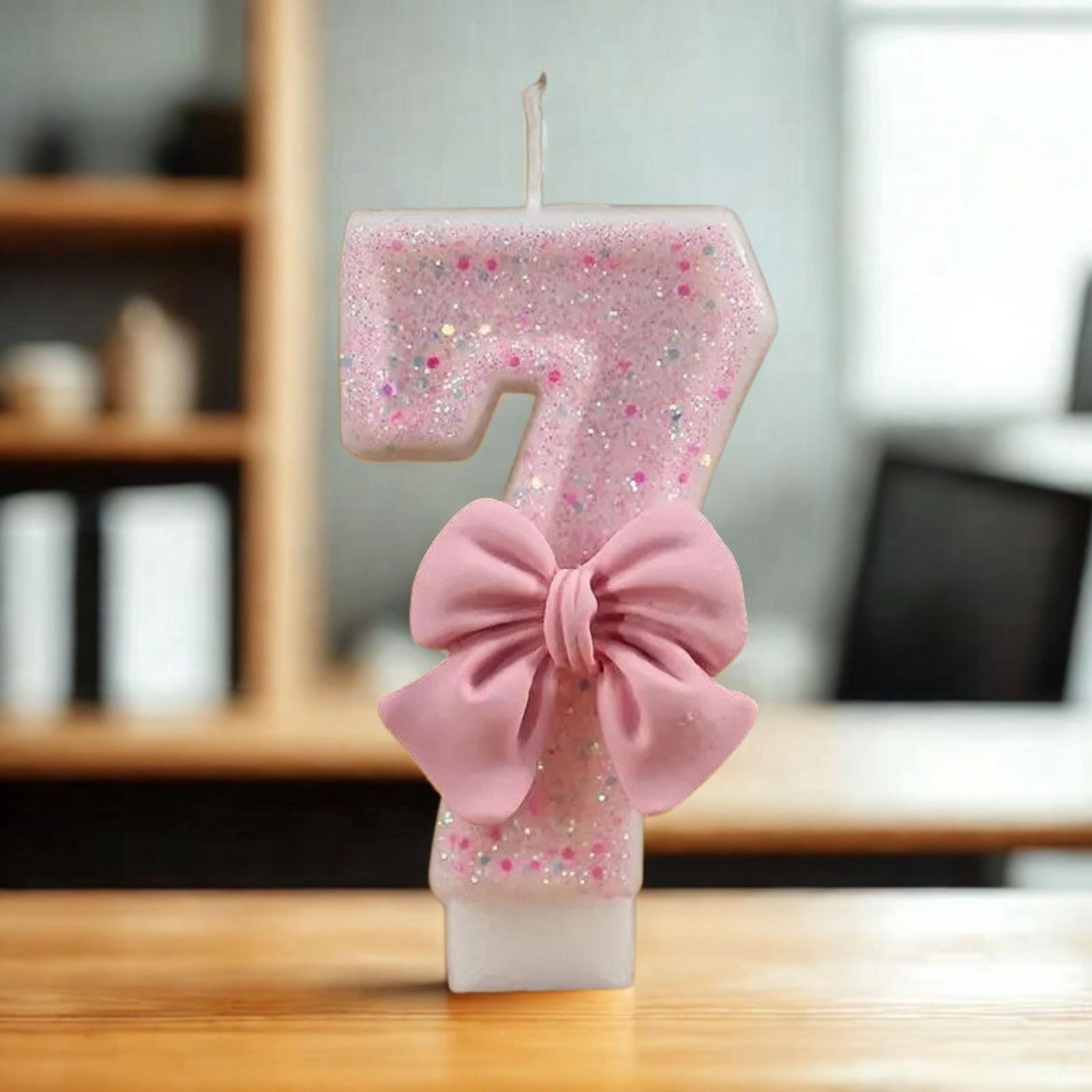 Pink Bow Coquette Number Birthday Candle, Glitter Sparkle Party Decor Cake Topper