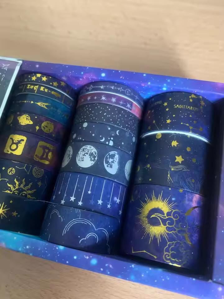 20-Rolls Zodiac Universe Washi Tape Set | Gold Foil Moon & Stars for Planners Packaging