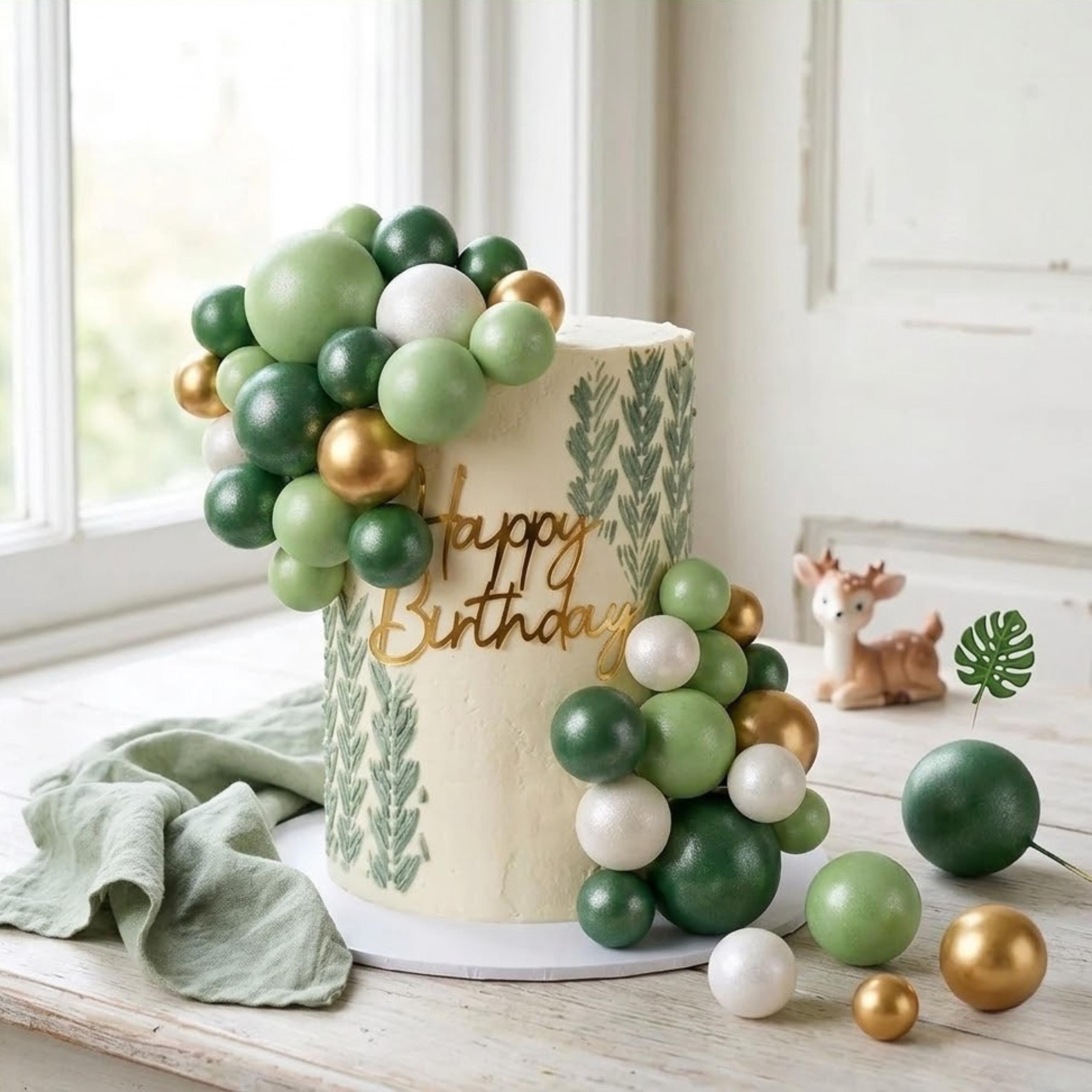 32-Piece Forest Green Ball Cake Toppers, Wild One Birthday, Woodland Baby Shower, Jungle Decorations