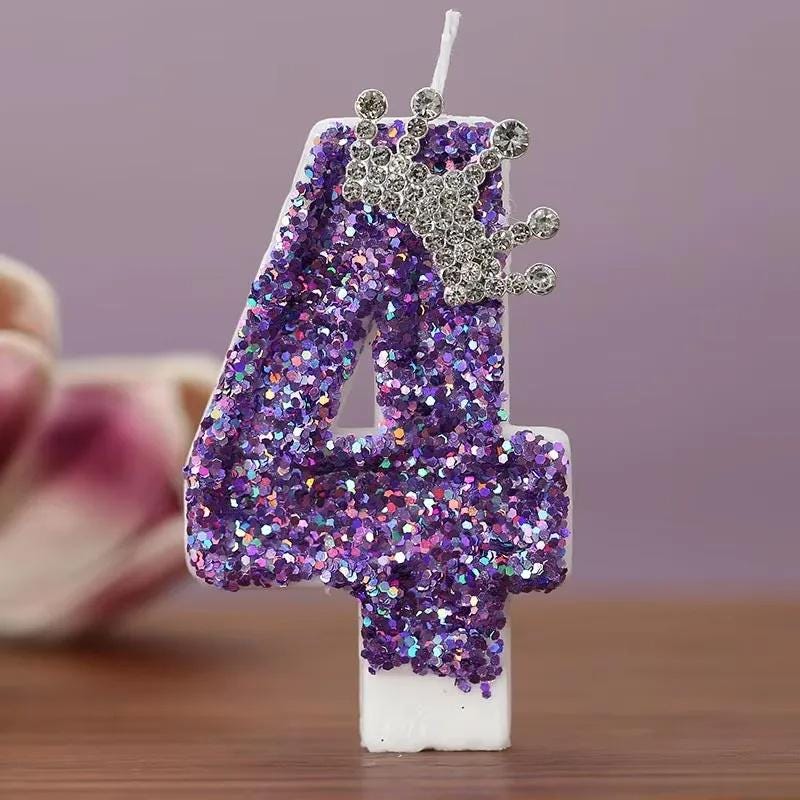 Purple Birthday Candle With Silver Crown Tiara | Glitter Number Cake Topper for Girls