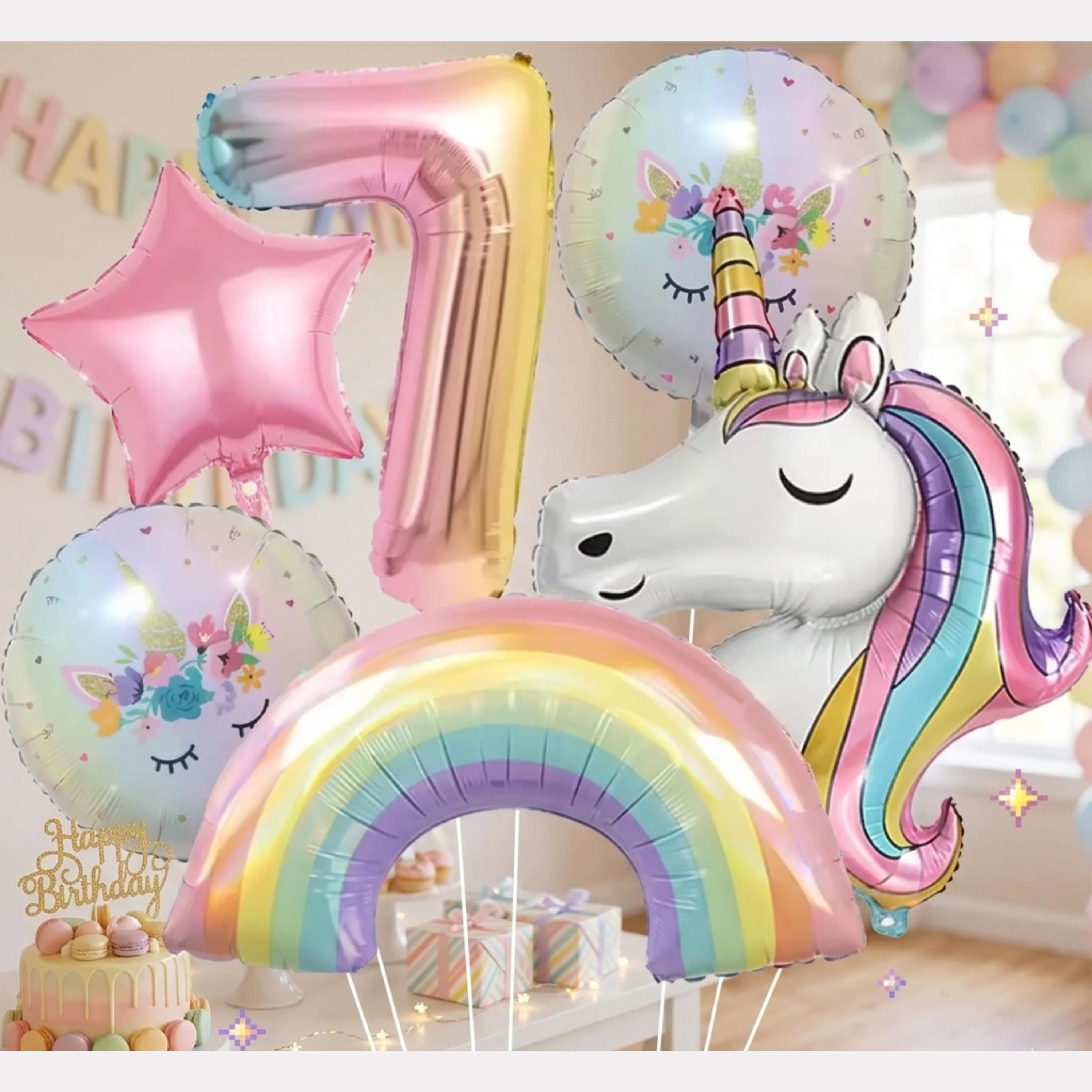 6-Piece Rainbow Unicorn Number Balloon Set: Princess Birthday Party Decor