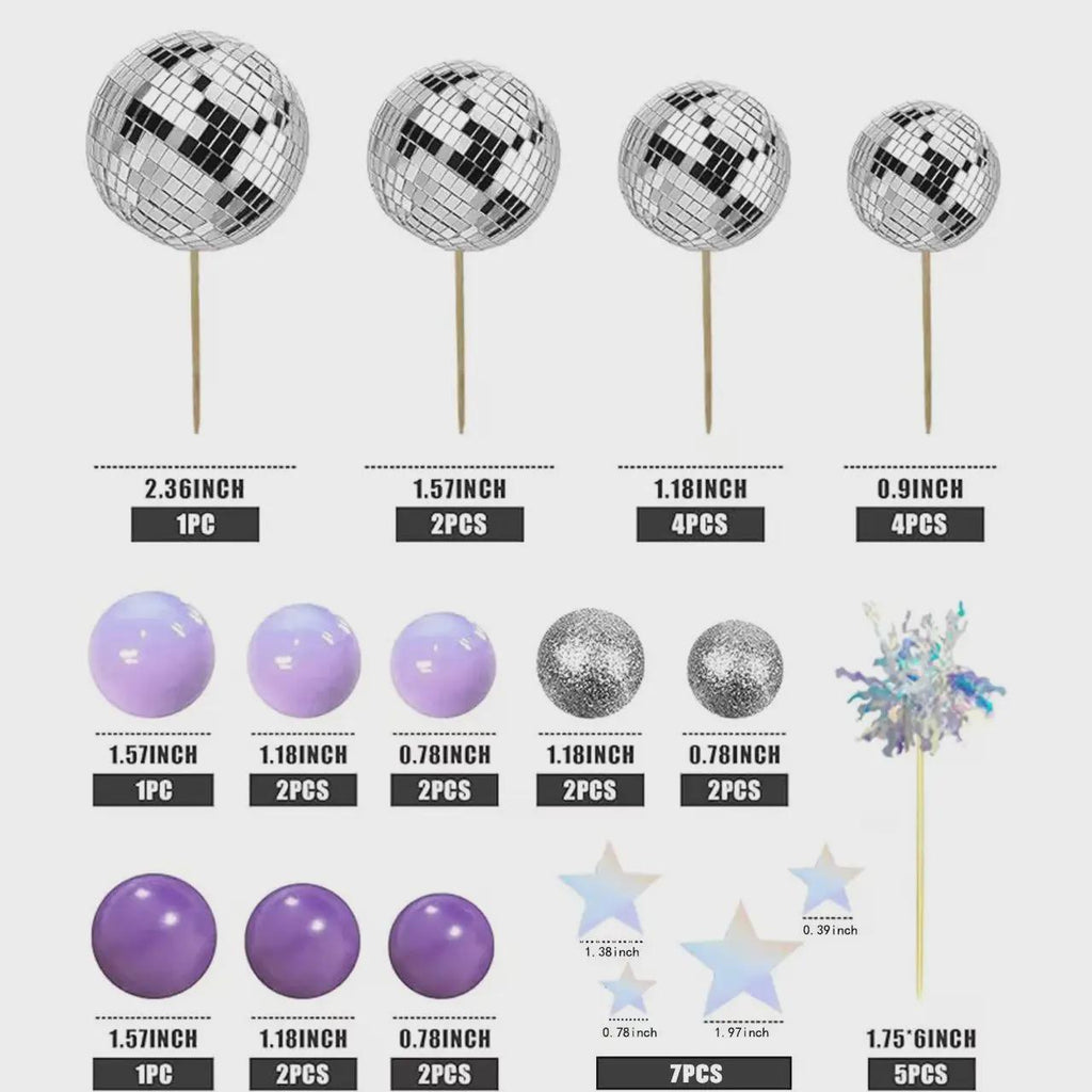 39-Piece Kpop Purple Disco Silver Ball Cake Toppers| Disco Party Decorations