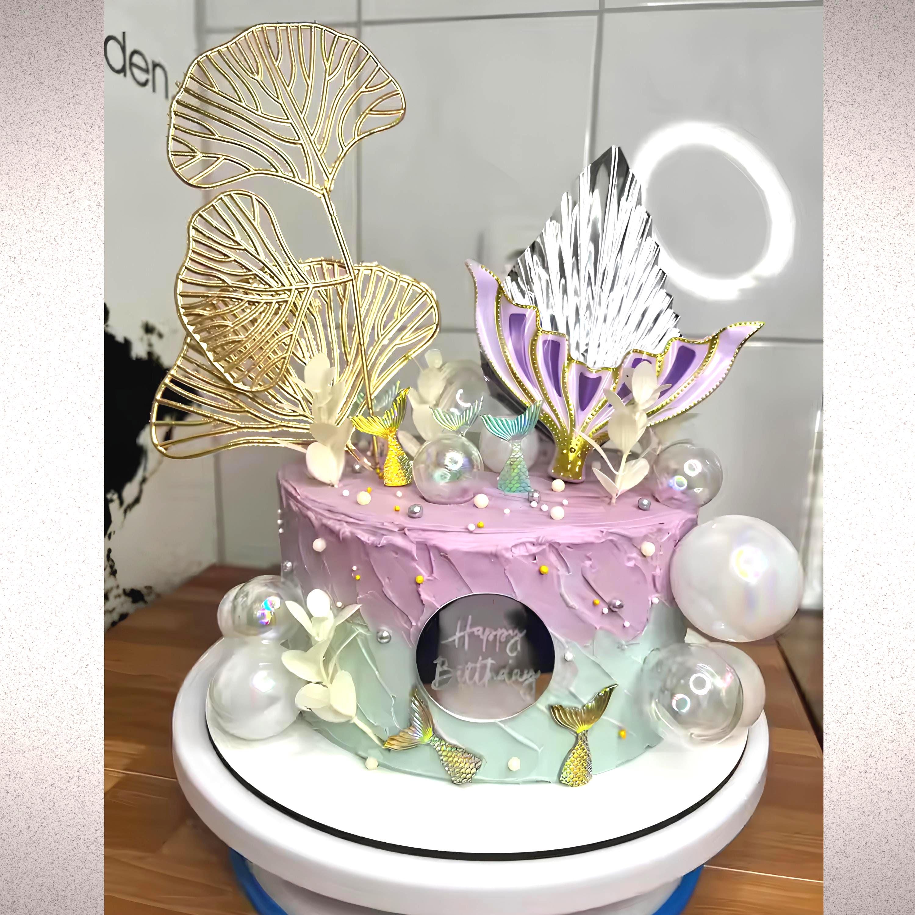 26- Piece Mermaid Cake Topper Set, Under the Sea Party Decorations, Ocean Theme Tail & Gold Leaves